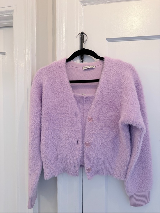 Simkhai Sweaters - SIMKHAI Lilac Fuzzy Cropped Tank and V-Neck Button Cardigan Sweater Set